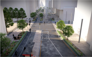 Visualisation of a road with trees on both sides and a 2-way cycle track on the left side, with bus stop bypasses and a lighted pedestrian crossing.