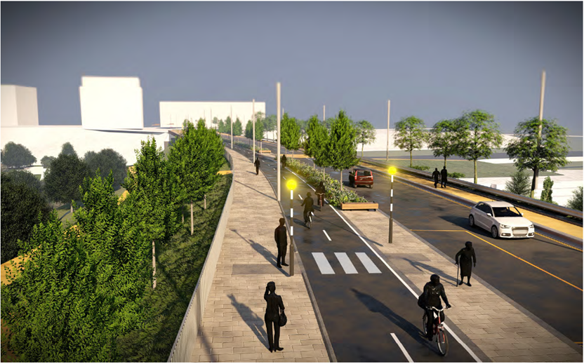 A two-lane road across a bridge, with a bus stop island accessed by a zebra crossing over a two-way cycle track, a pavement on both sides, and planters separating the cycle track from cars.