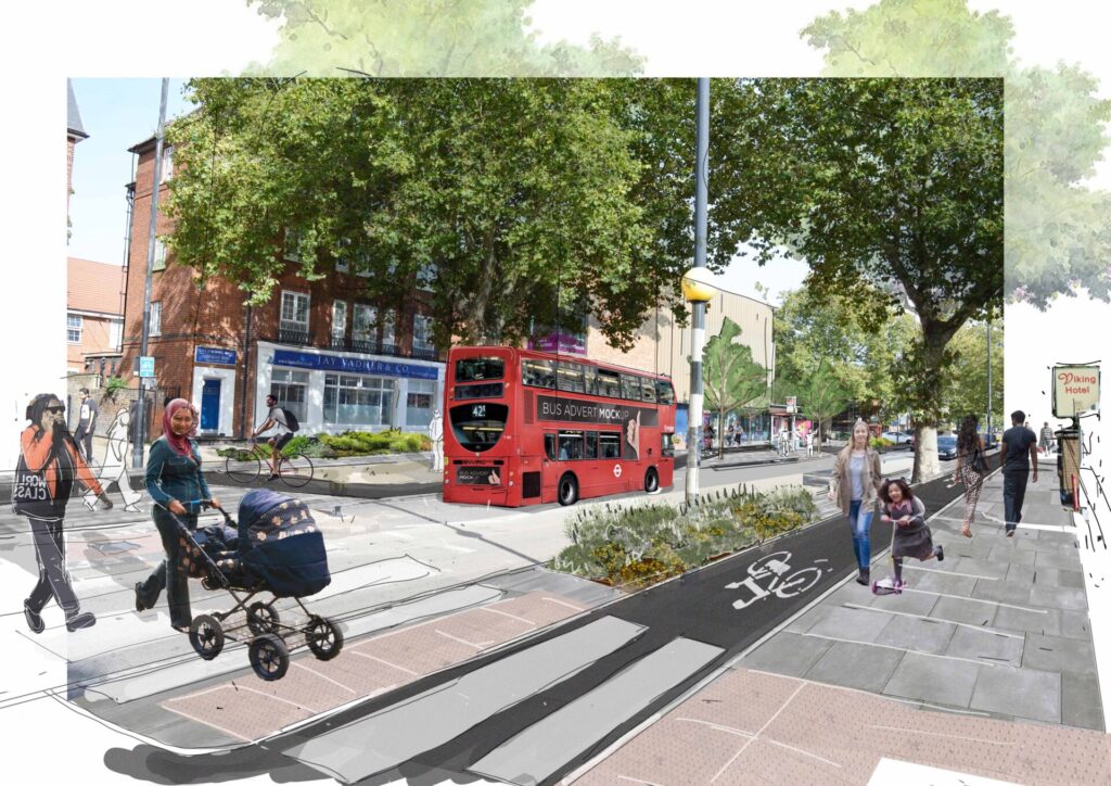 Artsy visualisation of Romford Road with with-flow cycle tracks on either side of the road. A mother with a pram and a lady on her phone cross the street on a zebra crossing, while pedestrians and a kid with a kick scooter use the footway.