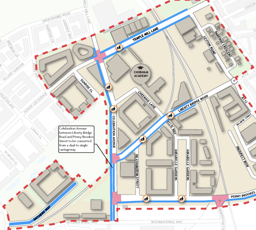 A map of East Village in London. Anthems Way, Celebration Avenue, Liberty Bridge Road, Temple Mills Lane, and Penny Brookes Street all have blue lines indicating cycle tracks; junction improvements at Temple Mills/Celebration Ave, Celebration Ave/Liberty Bridge, Celebration Ave/Penny Brookes, and Penny Brookes/Montfichet Road.